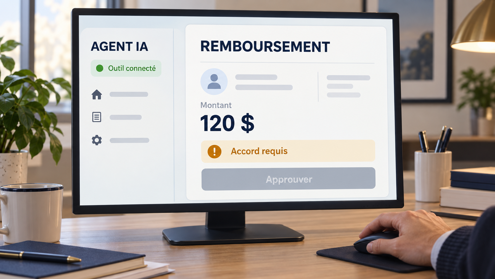 Interface fictive : un agent IA est connecté à l'outil de remboursement, mais une opération de 120 dollars reste en attente d'un accord humain.