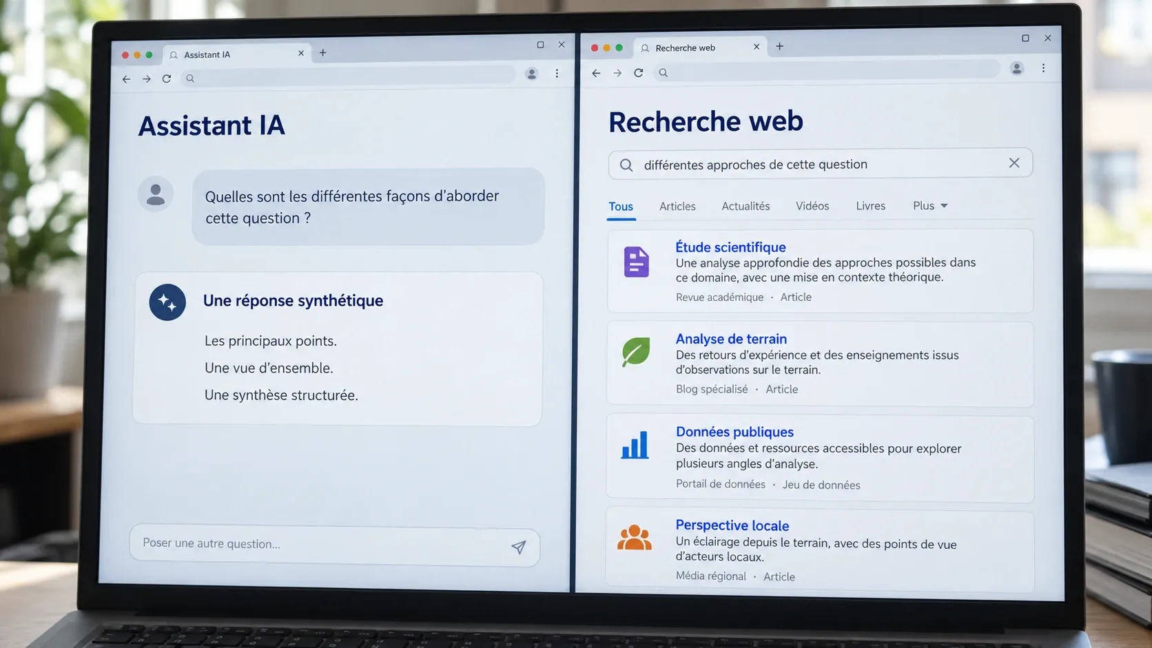 Un écran présente côte à côte une réponse synthétique d’assistant IA et des résultats web issus d’une étude scientifique, du terrain, de données publiques et d’une perspective locale.